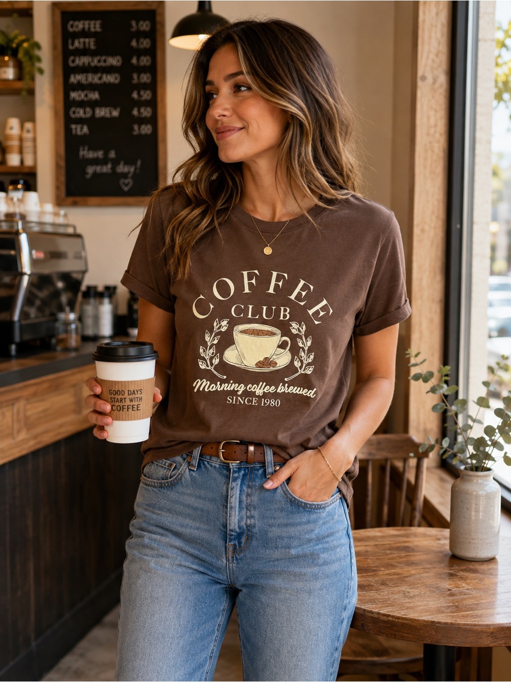 Modern Lux Coffee Club Graphic Tee Brown Morning Coffee Size L